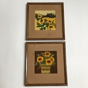 Sunflowers Wool Needlepoint PAIR Crewel Work 1979 Framed Art Farmhouse Landscape